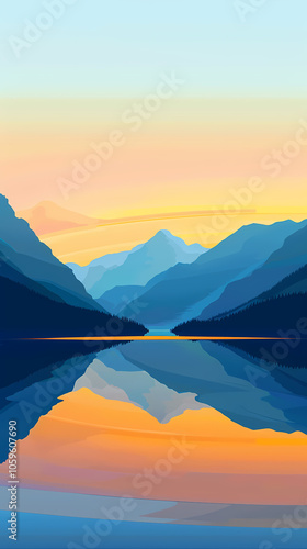 A serene mountain landscape at sunset, with vibrant hues reflected in the calm lake waters, showcasing nature's beauty in a peaceful setting.