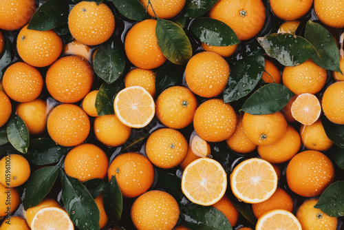 Fresh oranges with water droplets and green leaves, arranged with cut citrus for a vibrant, natural fruit background photo