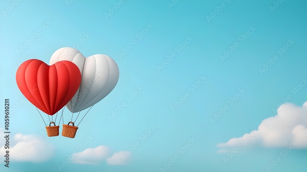 Fototapeta premium Romantic heart shaped hot air balloon floating in a serene picturesque sky filled with wispy clouds in a flat design The couple inside the balloon are enjoying a blissful