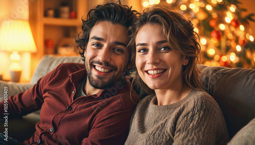 Obraz na płótnie Portrait of happy young couple celebrating Christmas and smiling, people, festive background w salonie