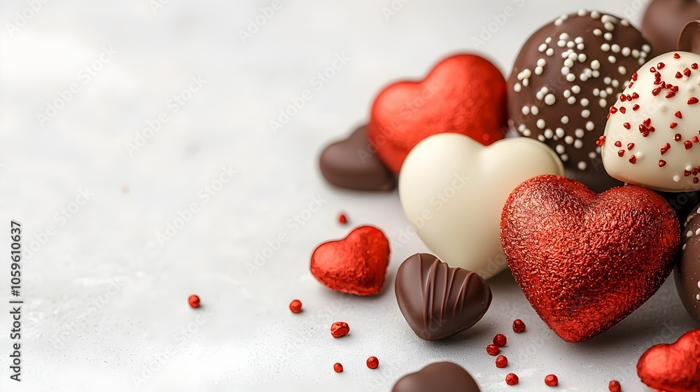 Obraz premium Delectable heart shaped chocolates in various colors and finishes a romantic and indulgent Valentine s Day gift idea or treat for special occasions and Flat design with a range of chocolate