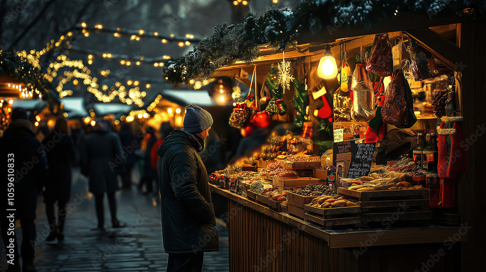 Naklejka premium Winter Scenes With Santa Claus on vacation and taking Selfies, Christmas Tree and christmas balls, Snow, Mistletoe and christmas market, Smiling People during the holidays
