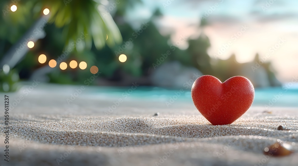 Fototapeta premium A heart shaped object resting peacefully on the sandy beach surrounded by the warm and vibrant colors of a tropical setting This 3D captures a serene and romantic atmosphere