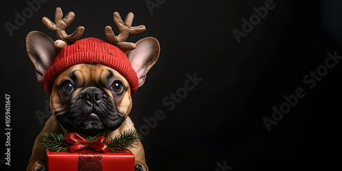 Wallpaper Mural Happy dog ​​french bulldog with red gift box with bow on black background. Greeting card, black friday sales concept. banner copyspace Torontodigital.ca