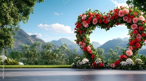 Stunning 3D of a giant heart shaped arch adorned with lush vibrant flowers in a serene picturesque park setting creating a romantic and elegant backdrop for events weddings or special photo