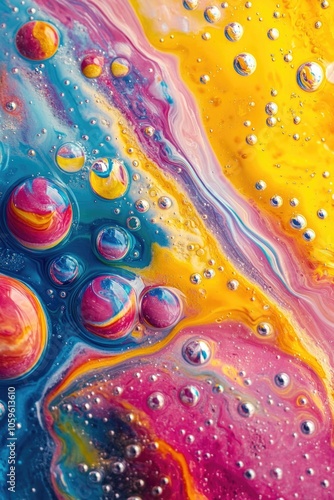 A vivid display of liquid paint in motion, creating an abstract and colorful pattern that resembles a bubble burst or a burst of creativity.