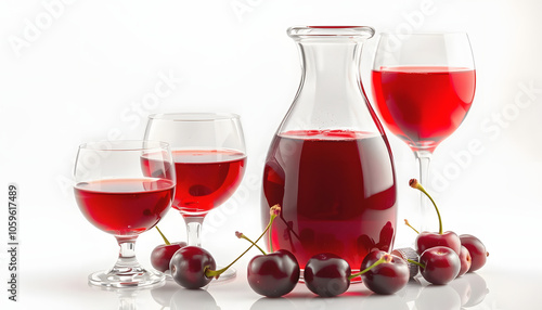 Cherry liqueur in a carafe and glasses isolated with white shades, png photo