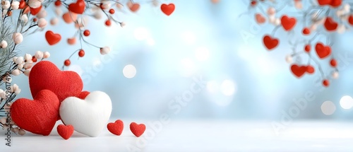 Romantic love themed background with red and white heart branches against a soft blurred winter landscape providing a central blank space for personalized Valentine s Day messages or design elements