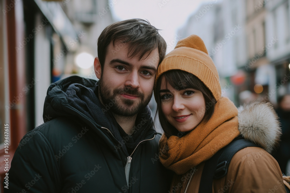 Fototapeta premium A happy couple wearing cozy winter attire, walking and smiling on a busy street in a festive atmosphere during the holiday season, showcasing warmth and togetherness.
