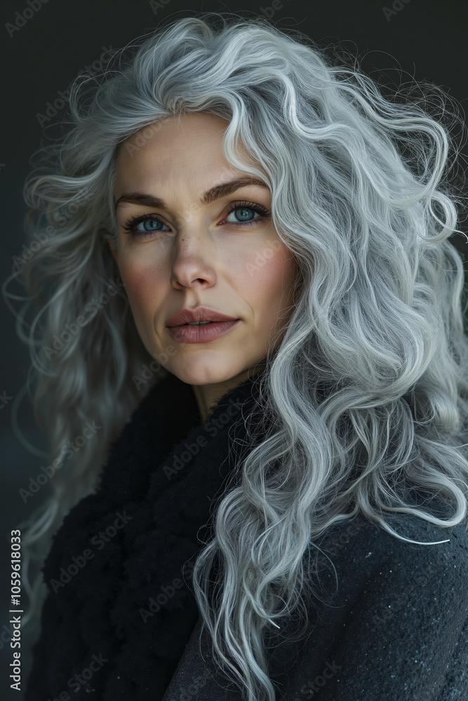 Fototapeta premium A woman with long gray hair and blue eyes