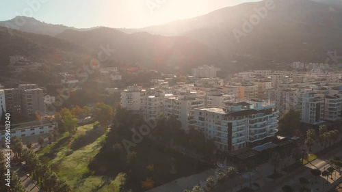 Attractive spring cityscape of Vlore seashore. Captivating sunset sescape of Adriatic sea.