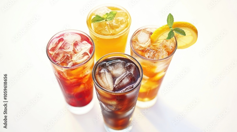 Fototapeta premium Six refreshing beverages, including ice tea and lemonade, with sliced lemons and mint leaves, perfect for a warm social event.