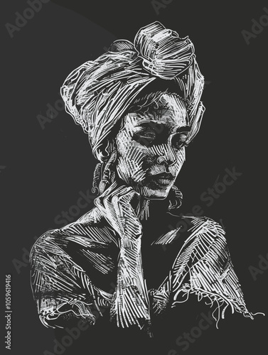 Latin Woman is wearing a scarf and a head wrap. The scarf is draped over her shoulders and the head wrap is wrapped around her head. The woman has a serious expression on her face