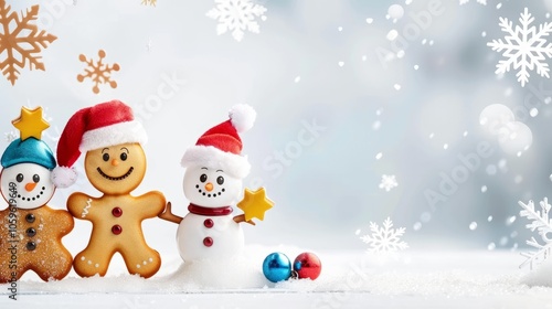Festive gingerbread cookies as holiday characters on a snowy background, perfect for Christmas themes.