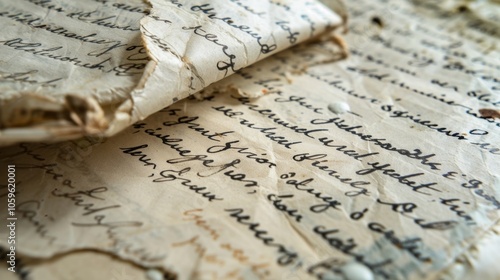 Old handwritten letters with a quill pen are laying on a table, showing beautiful cursive handwriting from a bygone era