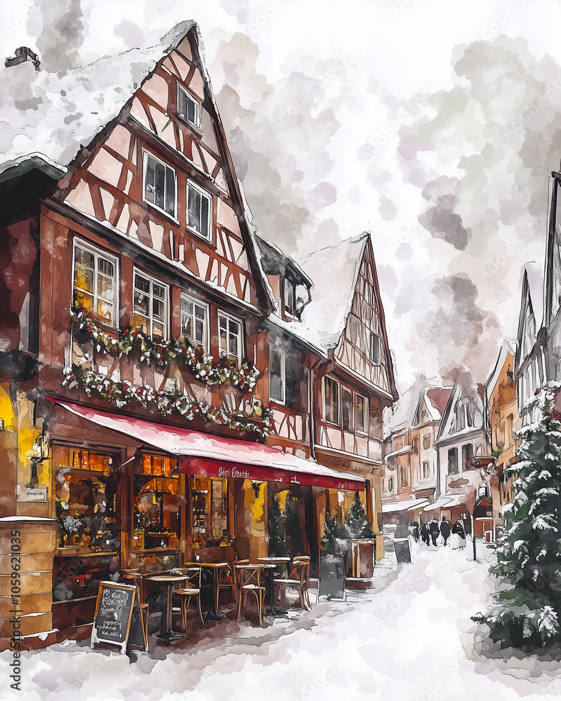 Φωτογραφία Watercolor sketch of traditional German architecture and a street cafe in German