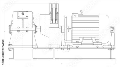 Assembly drawing of electrical reducer.
Vector design of steel mechanical device with shaft, gear, 
electric engine, bolt connection and dimension lines.
Engineering technic computer cad scheme. 