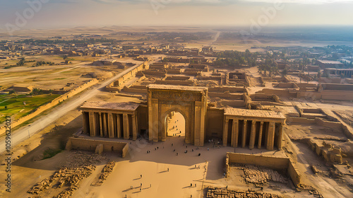 Aerial shot of the ancient city of ctesiphon, with the grand arch of taq kasra visible. Ancient Mesopotamian City. Illustration photo