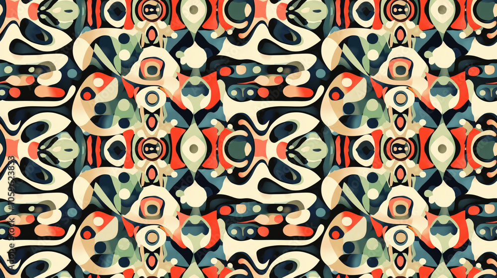 Fototapeta premium Seamless abstract pattern featuring unique designs with vibrant colors and shapes ideal for textile or wallpaper applications