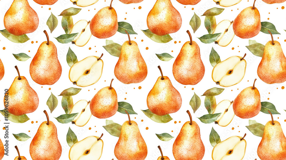 Obraz premium Hand drawn watercolor illustration of pears in a seamless pattern on a white background ideal for textiles or stationery healthy fruits vibrant design