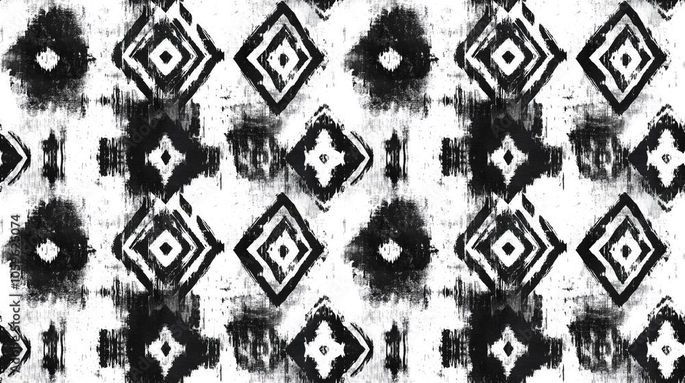 Fototapeta premium Seamless black and white tie dye geometric pattern featuring hand drawn ethnic designs and a soft grunge texture for textile applications
