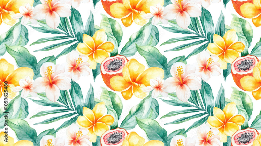 Obraz premium Watercolor seamless pattern featuring tropical palms monstera frangipani and passion fruit perfect for swimwear and botanical themed designs