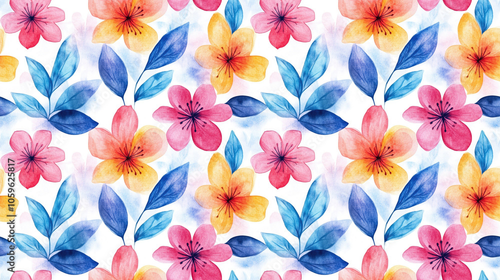 Fototapeta premium Abstract watercolor flower pattern with doodle elements seamless design suitable for textiles and wallpapers