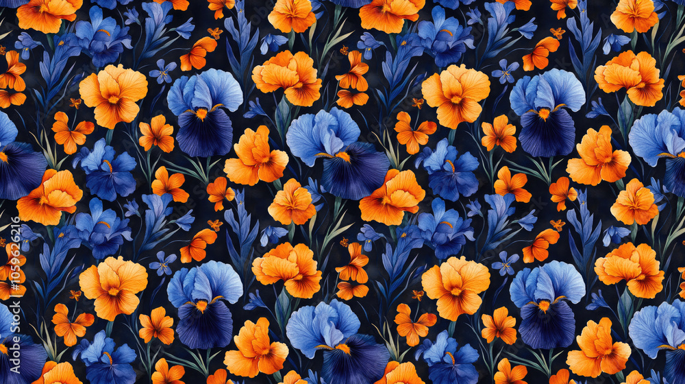 Fototapeta premium Seamless pattern featuring a vibrant summer bouquet of iris and Trollius chinensis watercolor illustration perfect for textiles and home decor