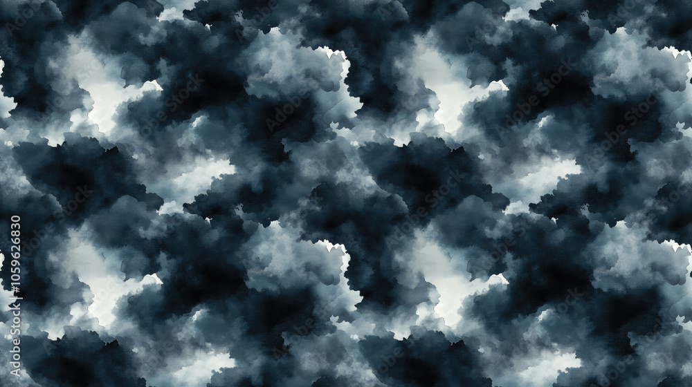 Fototapeta premium Seamless pattern of dark clouds with abstract watercolor textures ideal for textile design