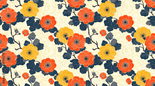 Elegant seamless floral tile pattern featuring delicate lace motifs and vibrant Japanese geometric designs perfect for fabric and wallpaper applications