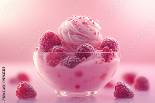 A bowl of creamy dessert adorned with fresh raspberries, blending vibrant pink hues and smooth textures to create an inviting and indulgent visual treat.