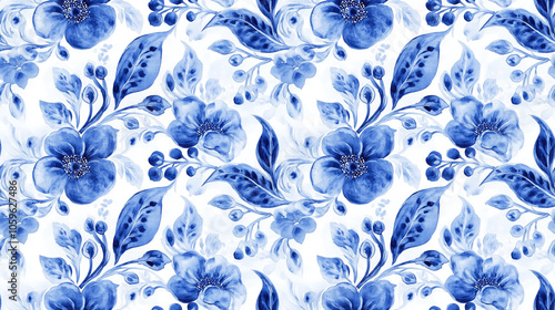 Hand drawn watercolor navy blue paisley pattern combined with elegant beige florals perfect for decorating ceramic tiles and wallpaper