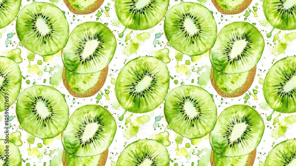 Fototapeta premium Watercolor seamless pattern featuring vibrant kiwi fruit perfect for fruity backgrounds and designs