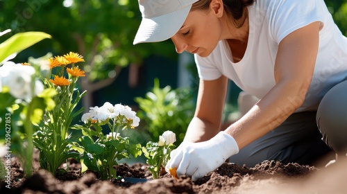 A female gardener in a white hat is carefully tending to a blooming flower garden, highlighting her dedication and the beauty of nature’s colors. photo