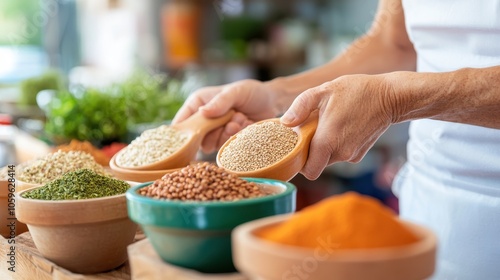 Organic grains and seeds are beautifully arranged in wooden bowls, enhancing the appeal of sustainable food choices and creative presentation in culinary arts. photo