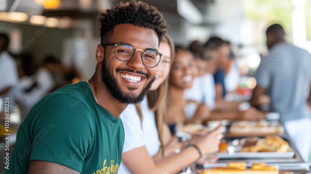 Naklejka premium A young man, wearing glasses, emanates a bright smile while sitting at a modern restaurant counter with others, highlighting a convivial social atmosphere.