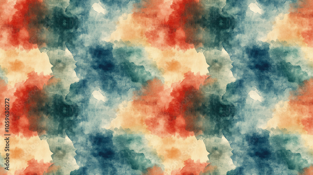 Fototapeta premium Seamless watercolor pattern featuring abstract blue red green and brown banners ideal for artistic projects and fabric design