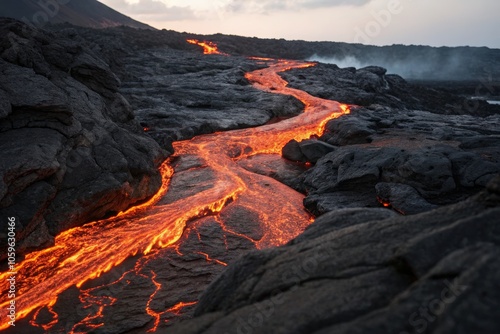 Flowing Lava River Through Volcanic Landscape photo