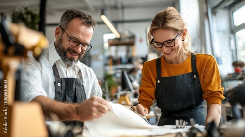 In a brightly lit studio, two designers (a man and a woman) work together over a pattern, smiling and focused on their fabric-related project. photo