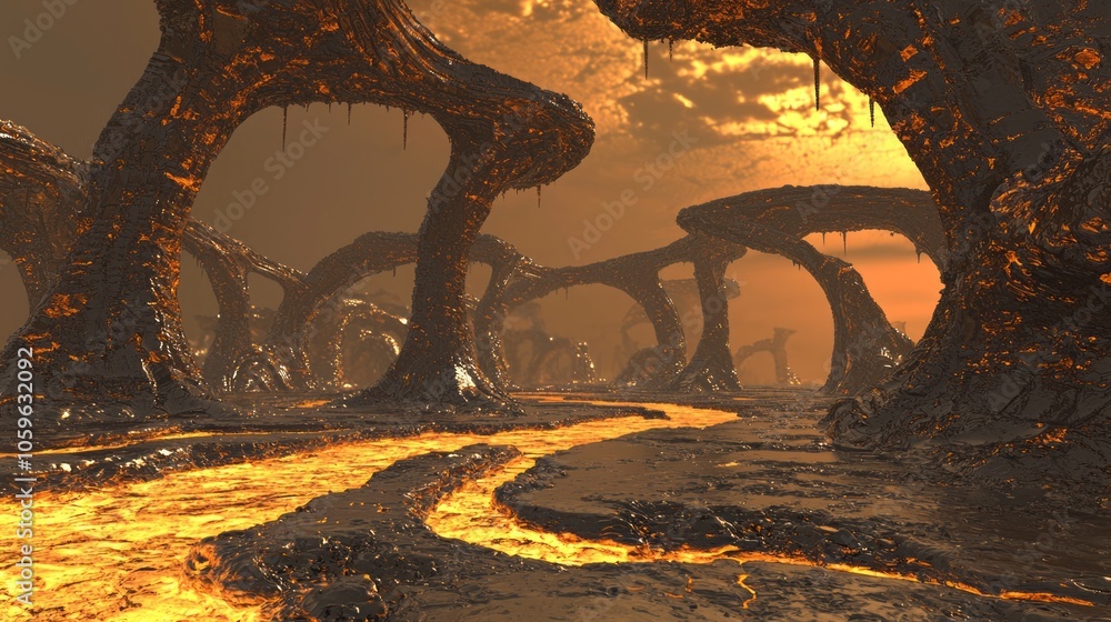 Fototapeta premium Surreal Nightmare - Futuristic 3D Render of Twisted Metal Landscape with Glowing Rivers and Ominous Shadows in Ultra-Detailed Illustration
