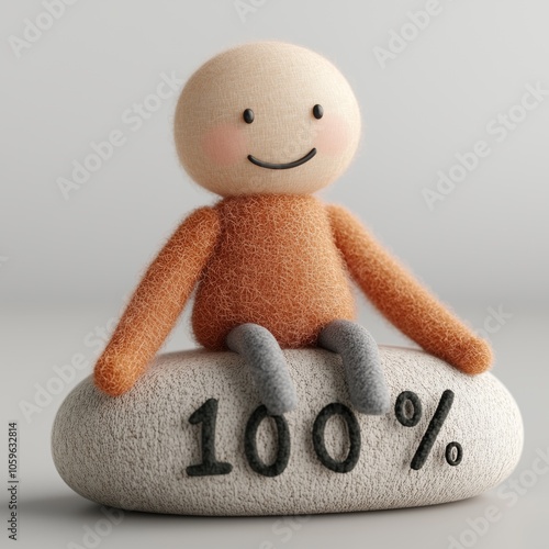 Cheerful 3d wool felt character sitting on 100 percent stone symbol photo