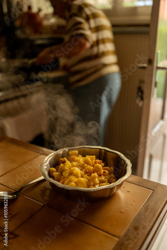 Grandma’s potatoes, just cooked onher kitchen table. photo