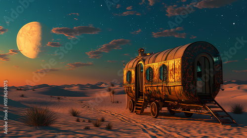 Arabian nights: desert caravan fantasy, hyperrealistic photo. Arabian Desert Caravan. Illustration photo