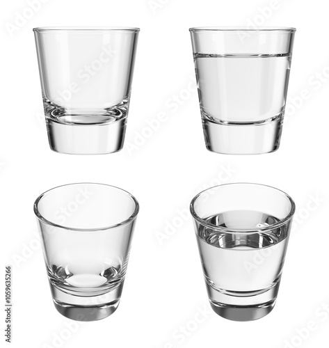 Shot glass with vodka on transparent isolated background. Set of empty glasses and with drink in different angles. Bar theme. 3d rendering.
