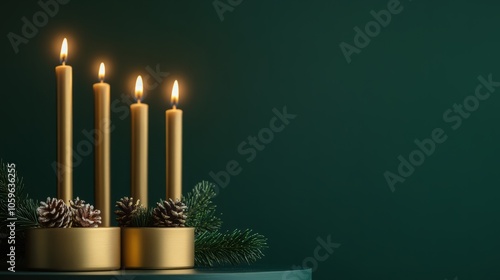 luxry golden candles against green background photo