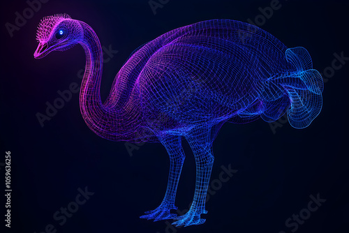 Neon wireframe illustration of an ostrich isolated on black background. photo