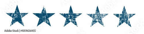 Blue stars with grunge effect, cracks and chips, isolated - vector illustration