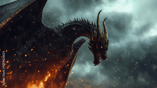 Black dragon emerges from fiery depths against a storm-laden sky. Horned Guardian Beast. Illustration photo