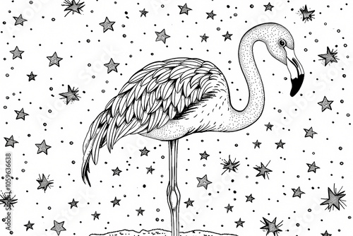 A whimsical black and white illustration of a flamingo standing amongst stars, showcasing intricate details in its feathers and serene pose. photo