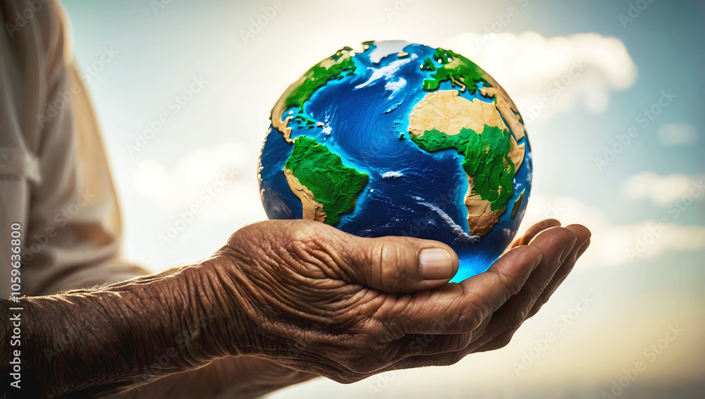 Old wrinkled hands holding planet earth, globe on the palm, eco environment, global connection, background